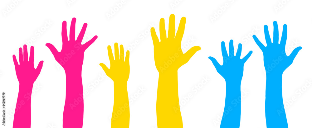 Pansexual flag colors painted hands raised. Gay pride symbol