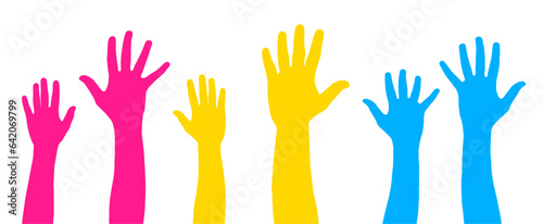 Pansexual flag colors painted hands raised. Gay pride symbol