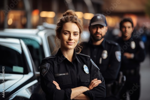 Canvas Print Portrait of a female security guard with her team in the background