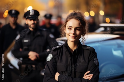 Portrait of a female police officer standing with her team in the background