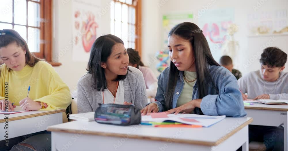 High school, frustrated and teacher help girl with exam stress, anxiety or burnout from learning fail, crisis or sad. Mental health, education and woman support learner depressed over test mistake High school, frustrated and teacher help girl with exam stress, anxiety or burnout from learning fail, crisis or sad. Mental health, education and woman support learner depressed over test mistake
