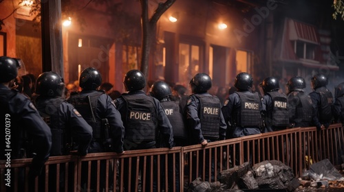 Protest Against the Government. Riot police and Police During Protest Against the Government. Police officers in the street during a protest. Police Concept. Riot police clashed with the protesters.