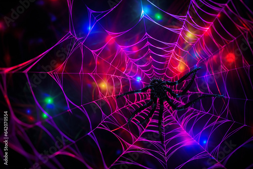 Celebration halloween holiday backdrop, huge multicolored in neon light spider web. © allasimacheva