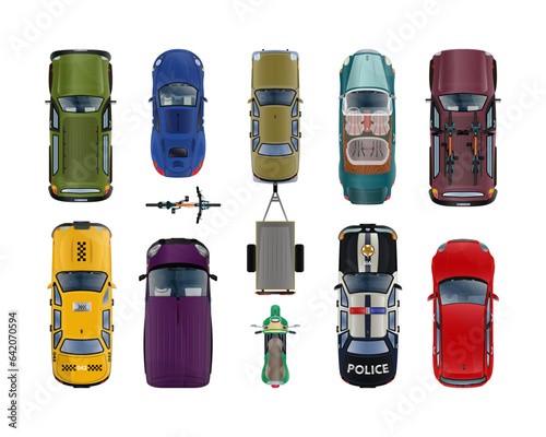 Collection of illustrations with set of top view realistic transports