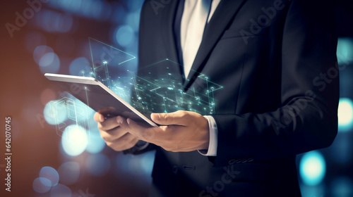 Businessman with tablet on abstract digital background, legal AI