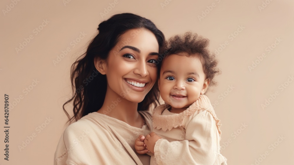 A loving mother smiles, holding her baby against studio background. Generative AI A loving mother smiles, holding her baby against studio background. Generative AI