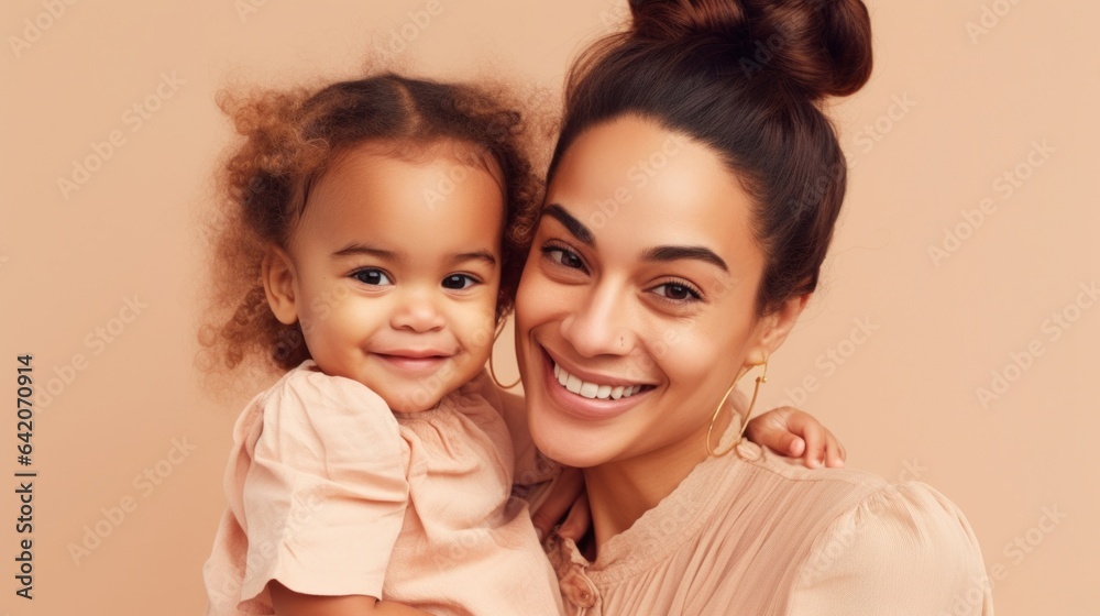 Portrait of a loving a mother and her baby smiling joyfully. Generative AI Portrait of a loving a mother and her baby smiling joyfully. Generative AI