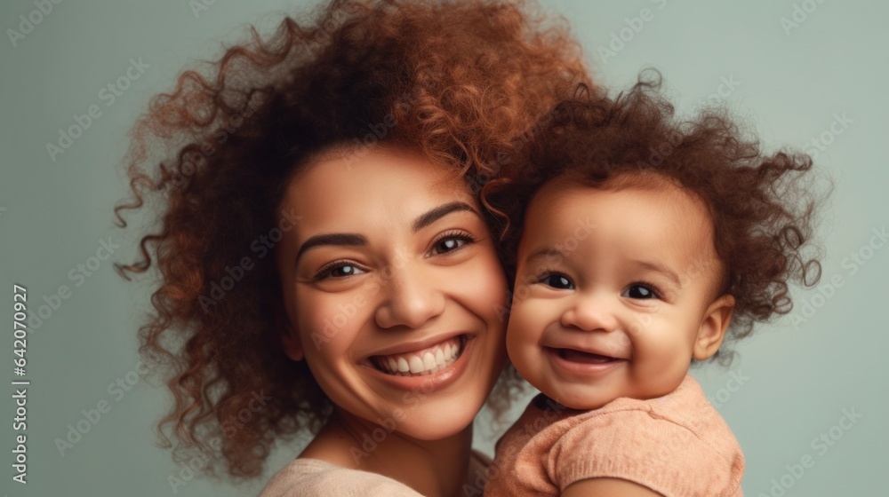 A loving mother smiles, holding her baby against studio background. Generative AI A loving mother smiles, holding her baby against studio background. Generative AI