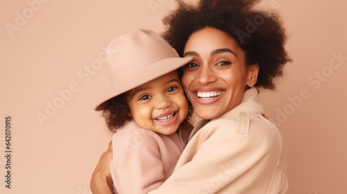 A smiling mother holds her baby in a studio portrait. Generative AI