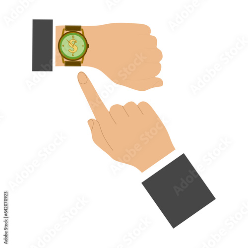 Businessman hand point at Wristwathes. Time is money. Vector time and financial management illustration. Flat style Business picture. Mans hands and Clock. Timing, planning, entrepreneur, meeting.