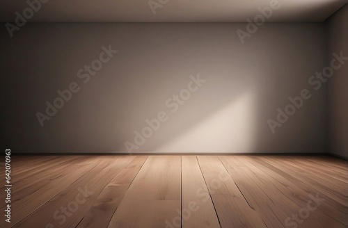 Empty light dark wall with beautiful wooden floor. Minimalist background. Generative AI  © PICSO