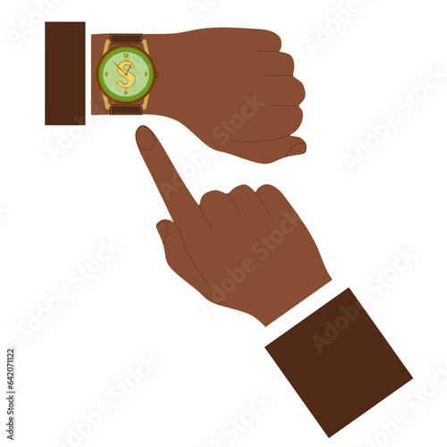 Businessman hand point at Wristwathes. Time is money. Vector time and financial management illustration. Flat style Business picture. Mans hands and Clock. Timing, planning, entrepreneur, meeting.