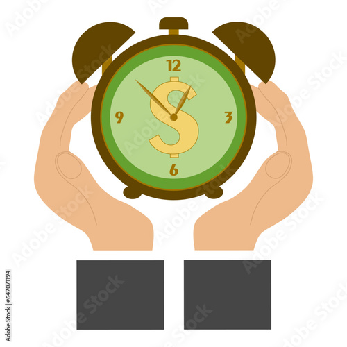 Businesman hand point at Wristwathes. Time is money. Vector time and financial management illustration. Flat style Business picture. Men hands and Clock. Timing, planning, entrepreneur, meeting.