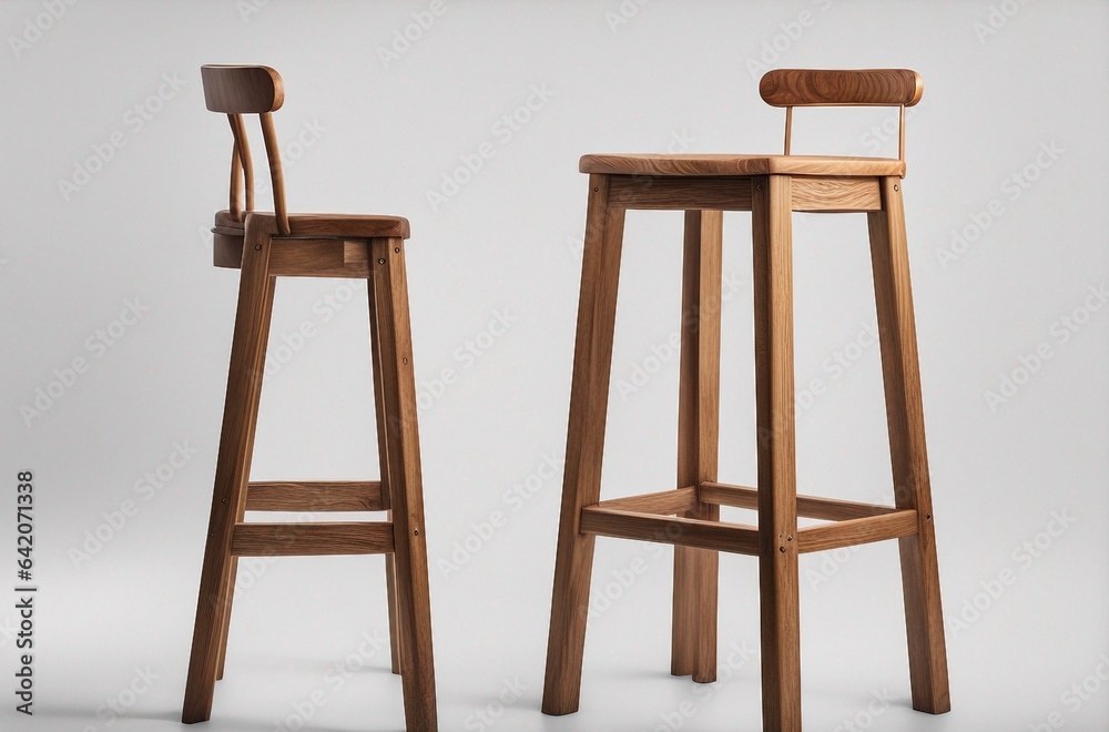 A tall wooden bar stool isolated on a white background A tall wooden bar stool isolated on a white background