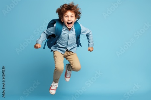 smiling little boy with backpack jumping on blue background