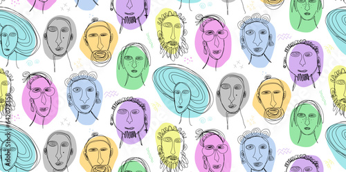 Seamless vector pattern of male and female doodle faces on colorful plaques. Casually drawn people's heads line art. Conceptual portrait sketch illustration of individuality and style.