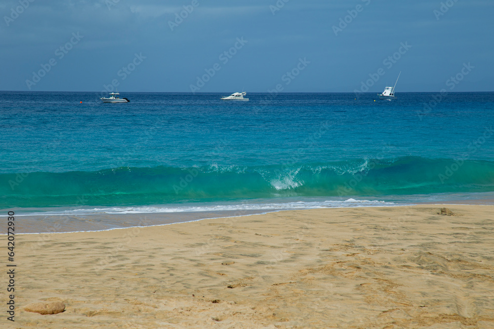 Beautiful beach in Maio Island in Cape Verde. With their soft sands, azure waters, and tranquil ambiance, they offer a serene tropical paradise.