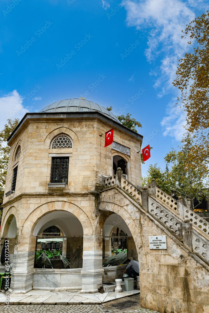 Koza Han architecture, a historic caravanserai in Bursa, Turkey.