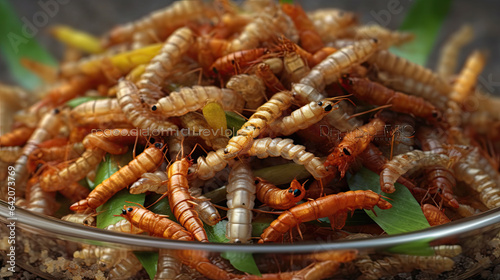 fried mealworms with vegetables, close up view. © PaulShlykov