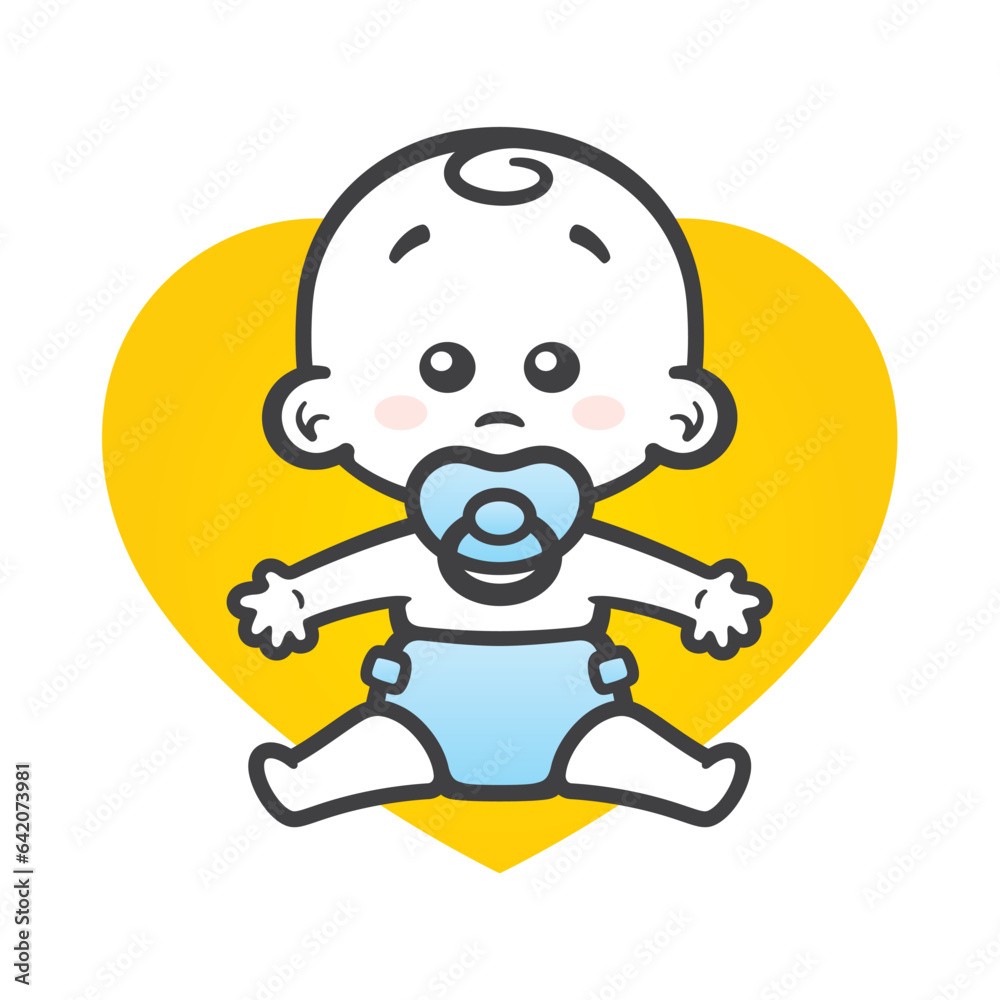 Vector yellow heart sign with cute little boy. Full length figure with pacifier. Isolated white background. Vector yellow heart sign with cute little boy. Full length figure with pacifier. Isolated white background.