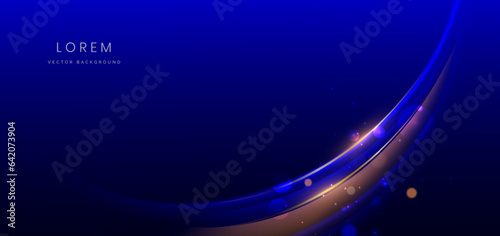 Luxury dark blue background with curved glowing blue and golden line lighting effect sparkle. Template premium award ceremony design.