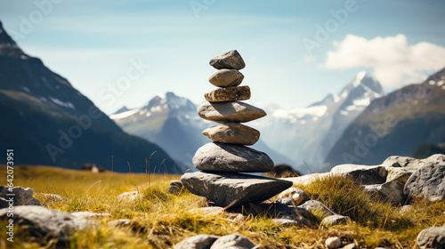 Stacked stones in the peaceful mountains. Generative AI