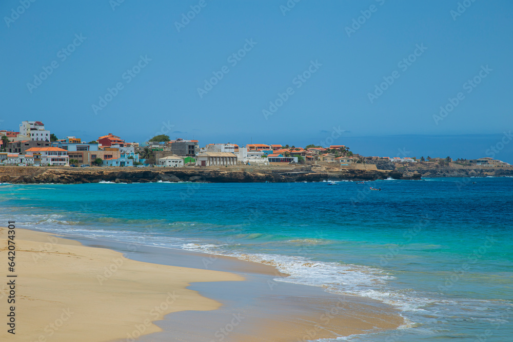 Beautiful beach in Maio Island in Cape Verde. With their soft sands, azure waters, and tranquil ambiance, they offer a serene tropical paradise.