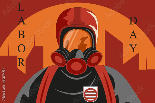 Concept Design template of Labor Day banner with fireman in helmet and gas mask against Fire city background. Red poster with Fireman in trendy groovy retro style. Firefighter. Vector illustration.