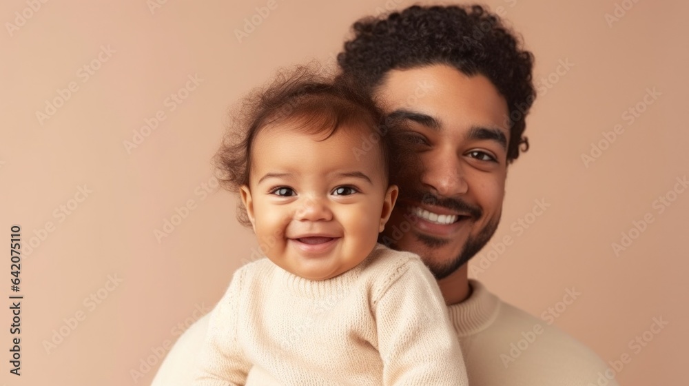A multicultural father and his precious baby in a studio setting. Generative AI A multicultural father and his precious baby in a studio setting. Generative AI