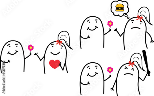 Thumb man. Romantic man and hungry woman. Man with a flower and woman in love. Cheating man trying to make amends with his angry wife. New set of characters in the style of meme flork photo