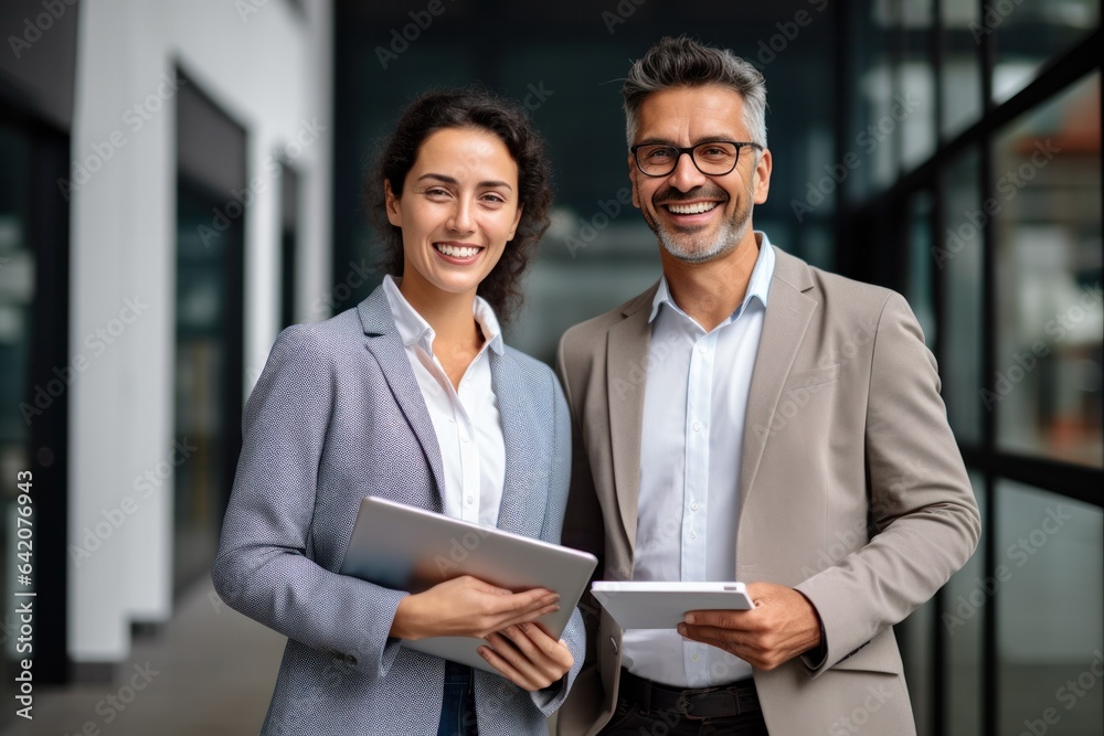 smiling business man and business woman standing in office with with ...