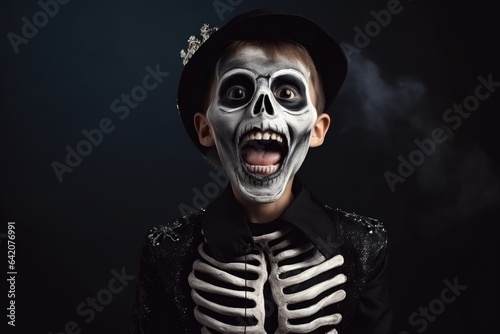 Cute little halloween boy looking up on black background