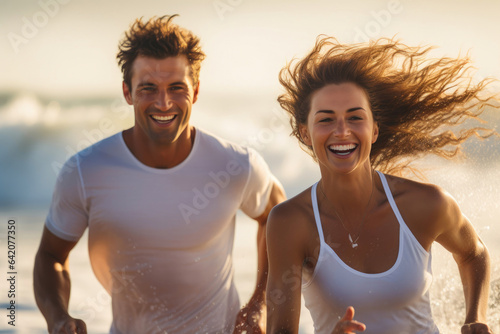 Romantic Beach Escape: Jogging Amidst Crashing Waves