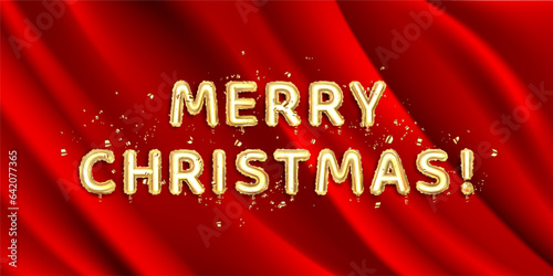 Merry Christmas greeting card, gold balloons on red flowy fabric background.