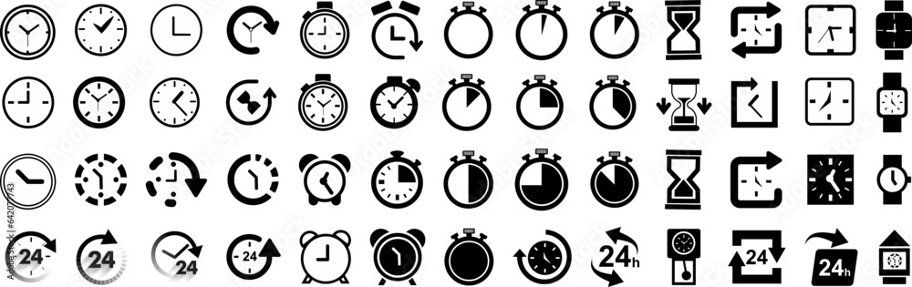 Chrono collection. Countdown timer or stopwatch symbols set. Clocks with different minute time intervals. Chrono collection. Countdown timer or stopwatch symbols set. Clocks with different minute time intervals.
