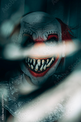 mad evil clown staring at the observer at night