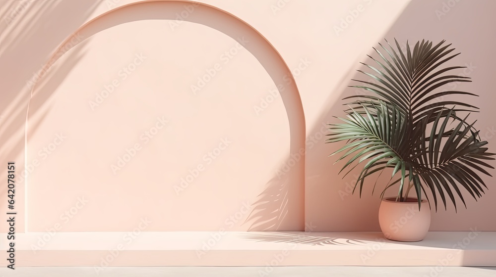 Modern summer minimal of tropical plam leaf tree branch in sunlight with long shadows on concrete plain wall background, copy space interior lifestyle Mediterranean backdrop scene,ai generate Modern summer minimal of tropical plam leaf tree branch in sunlight with long shadows on concrete plain wall background, copy space interior lifestyle Mediterranean backdrop scene,ai generate