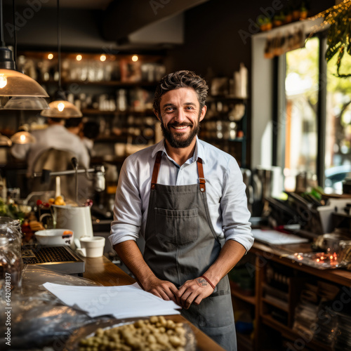 European appearance cafe administrator smiling at work in an apron