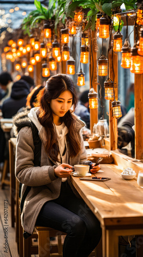 a korean women sitting at a table having a cup of coffee at busy coffee shop