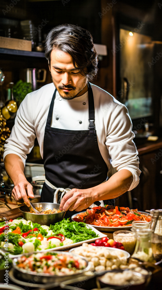 a chef preparing ingredients and food on the table a chef preparing ingredients and food on the table