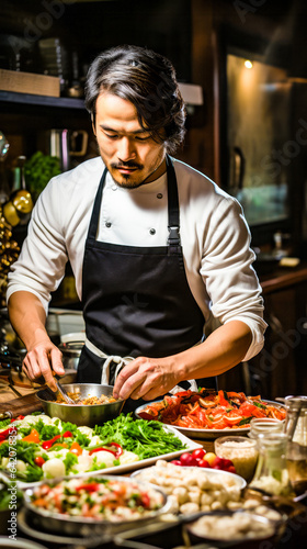 a chef preparing ingredients and food on the table