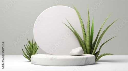 white stone stand podium decorating with green nature tree leaf pot free space for sample product sdvertising mockup backdrop,ai generate