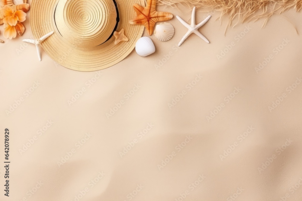 Frame of straw hat and seashell on sand