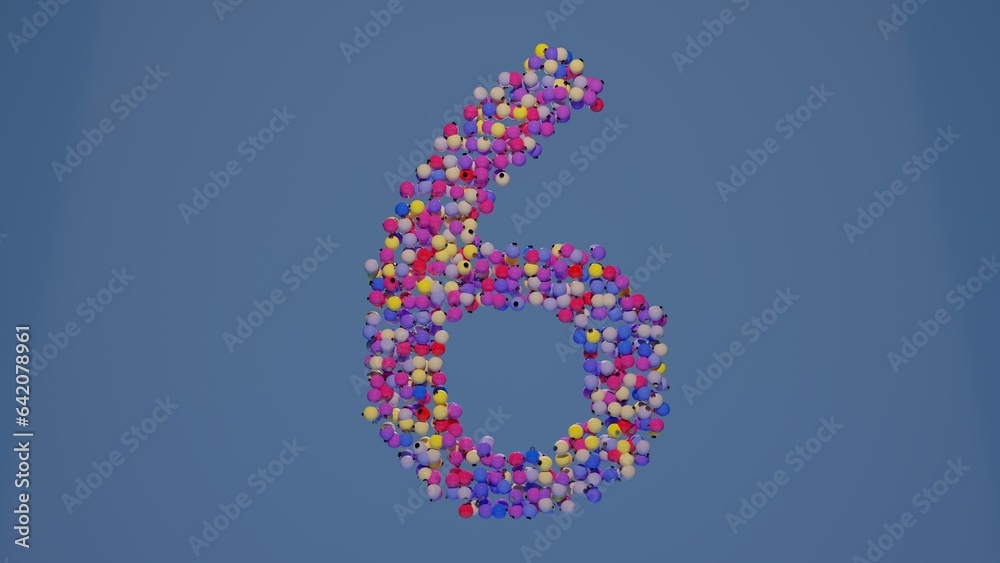 Modern 3d illustration of Christmas alphabet. 3d number 6 made of colorful Christmas ornaments on blue table background. Flat lay, top view, copy space. Christmas composition.