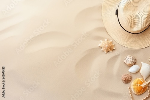 hat and seashell on sand