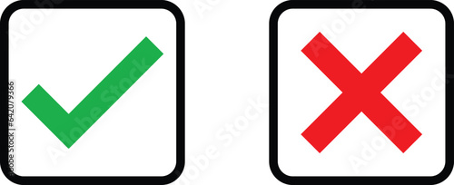 True or false icons in square . Green tick symbol and red cross sign . Yes and no icon vector