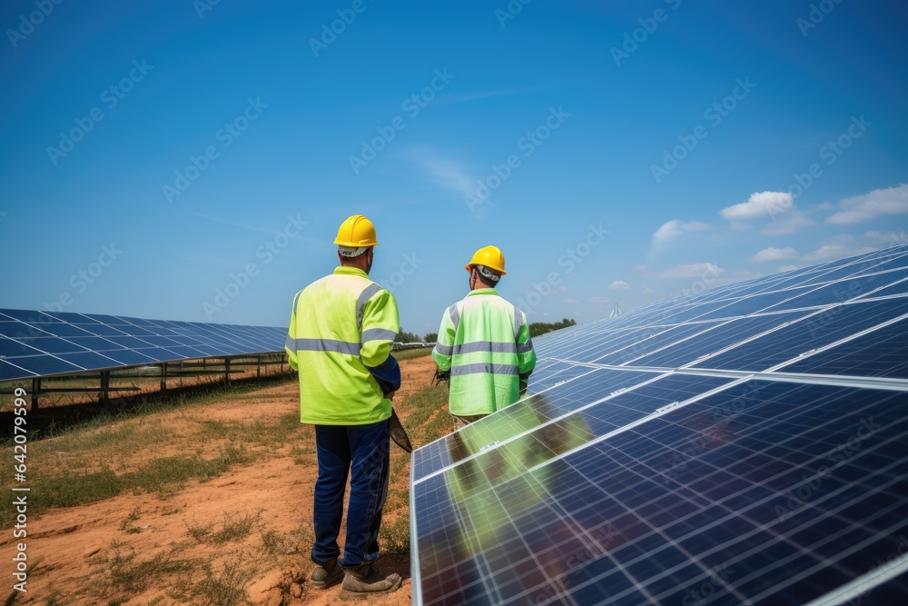 Operation and maintenance of the solar power plant. Team of engineers at solar panels. Renewable energy concept Operation and maintenance of the solar power plant. Team of engineers at solar panels. Renewable energy concept