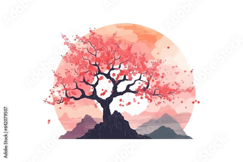 Artistic landscape with cherry tree. Vector illustration design.