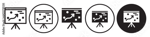 Marketing Plan Icon. Company business strategy symbol. Vector set of corporate tactic planning decision solution. Flat outline of management presentation diagram on board. Market analysis graph logo