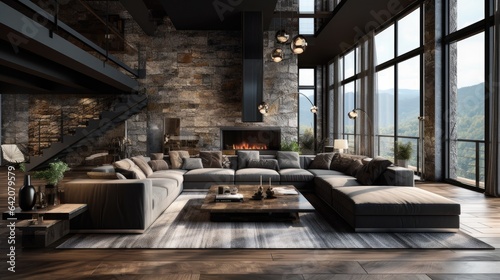 Modern living room furnished in brown color with stone decoration and large windows to nature